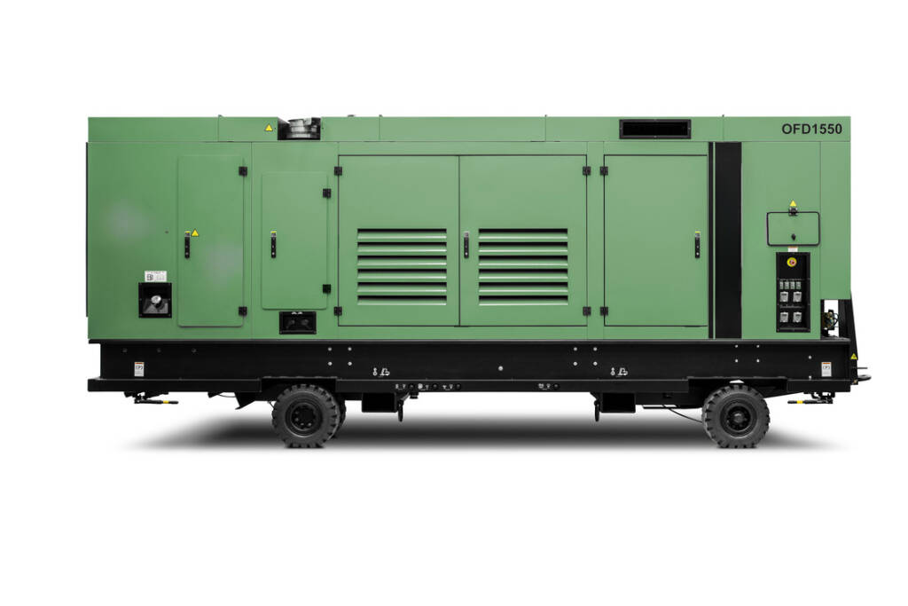 Green and black portable diesel air compressor that AGL On-Site Solutions can fix in Western Canada