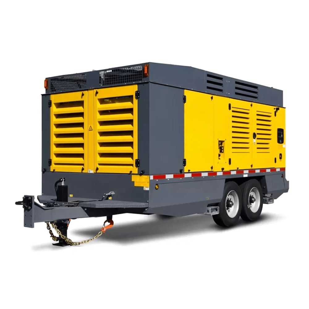 Yellow and grey portable diesel air compressor that AGL On-Site Solutions can repair in Alberta